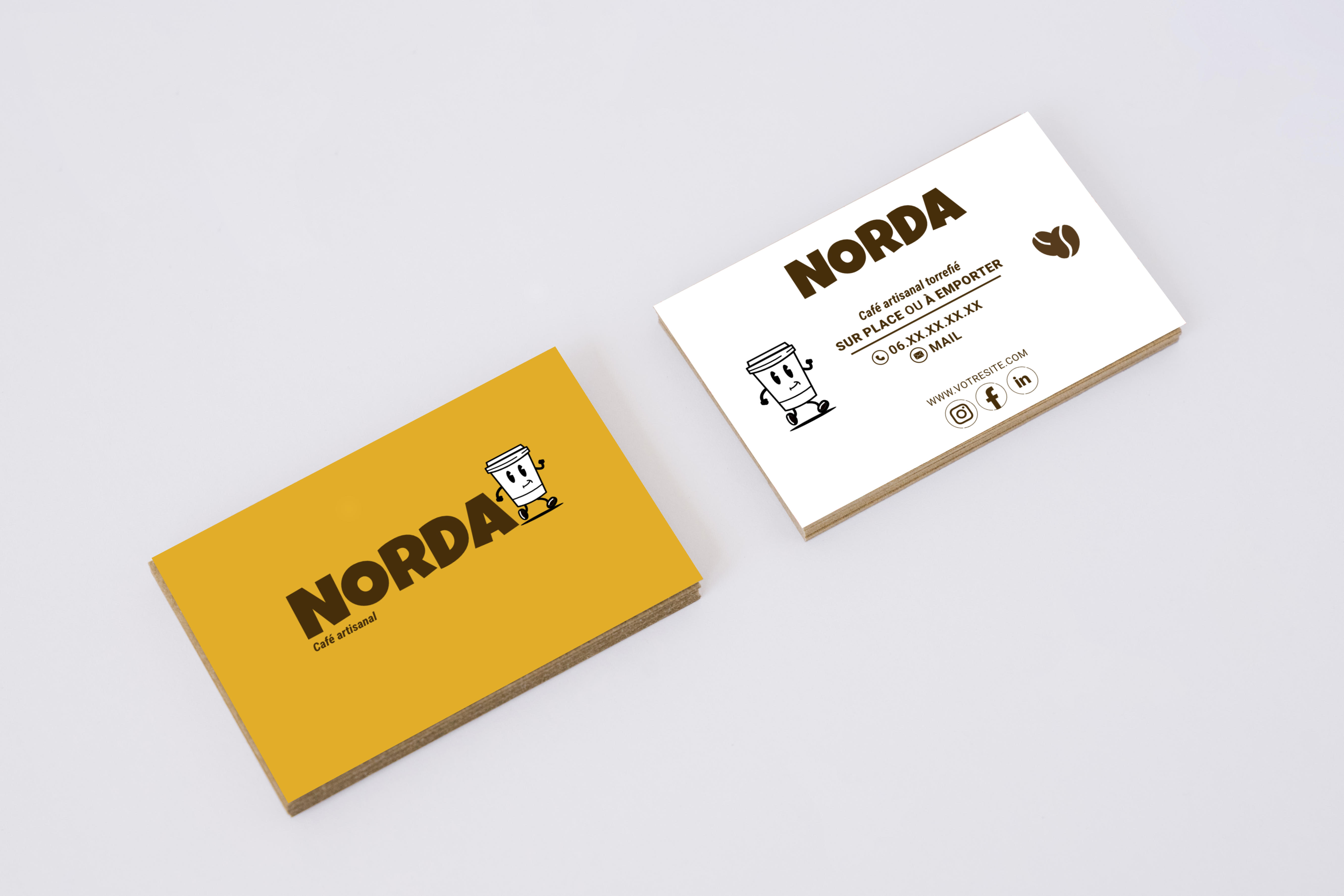 Cartes de visite Norda — café artisanal, mascotte dessinée
